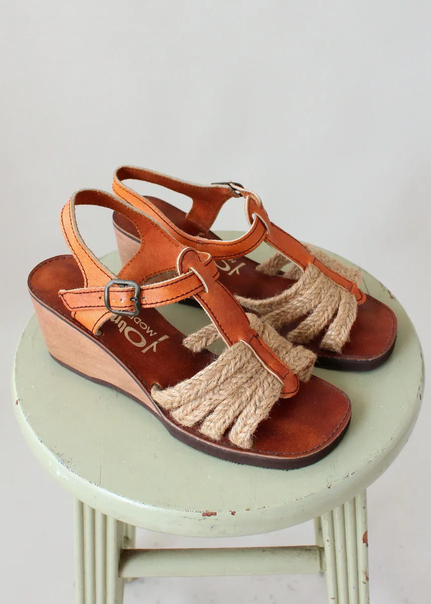 Vintage 1970s Jute and Leather Wedge Sandals