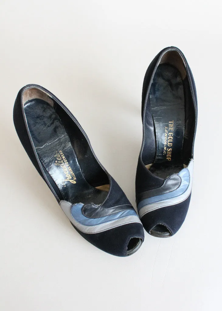 Vintage Late 1940s Blue Swirl Dance Shoes Size 7.5N