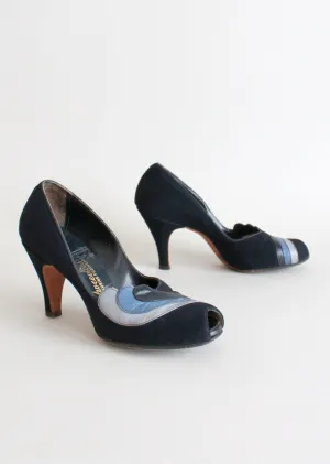 Vintage Late 1940s Blue Swirl Dance Shoes Size 7.5N