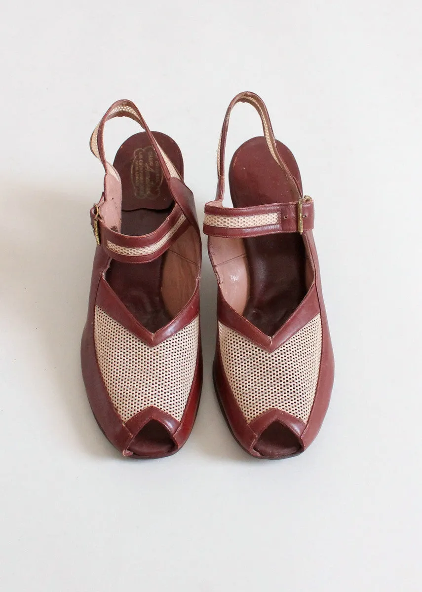 Vintage Late 1940s Two Tone Mesh Peep Toe Sandals