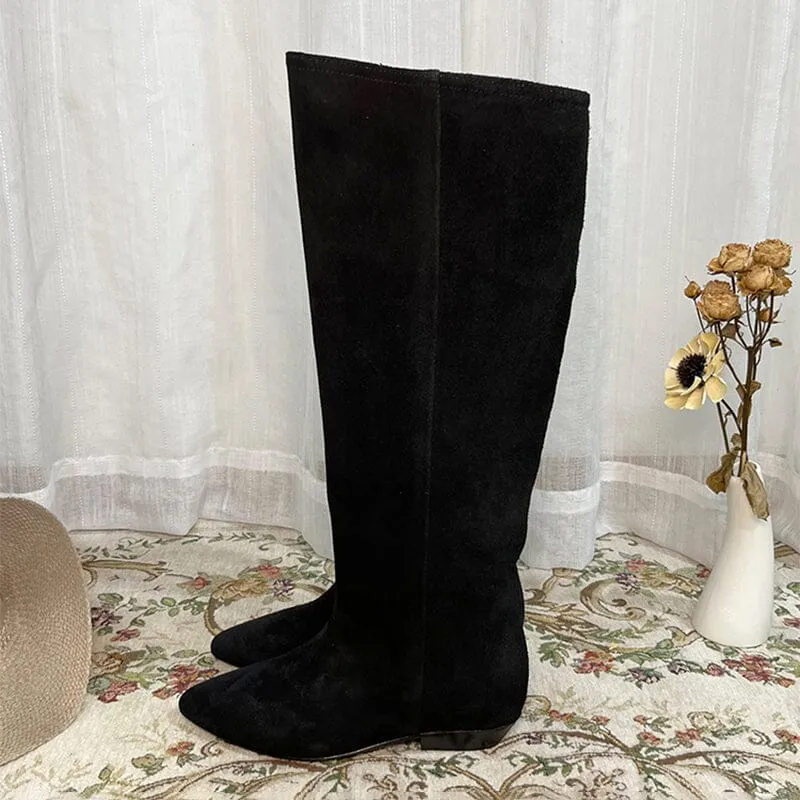 Western Boots Suede Knee High Boots Flat Heel - Khaki/Black/Grey/Brown Cowgirl Boots All Genuine Leather