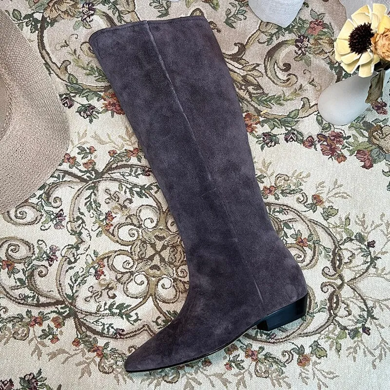 Western Boots Suede Knee High Boots Flat Heel - Khaki/Black/Grey/Brown Cowgirl Boots All Genuine Leather