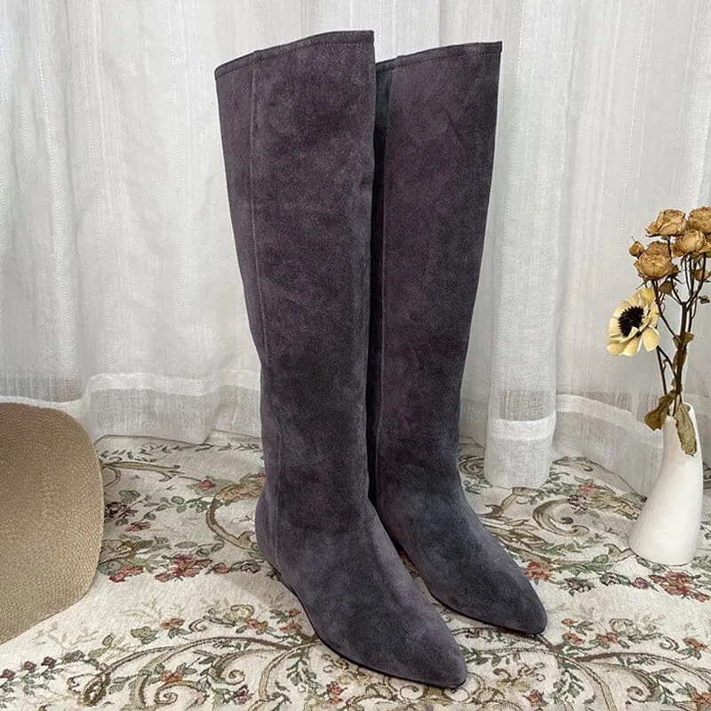 Western Boots Suede Knee High Boots Flat Heel - Khaki/Black/Grey/Brown Cowgirl Boots All Genuine Leather