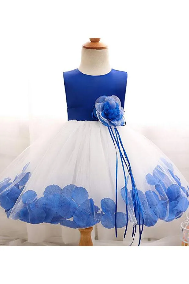 White and Blue Ball Gown Sleeveless Long Flower Girl Dress with Blue Flowers Sash UF065