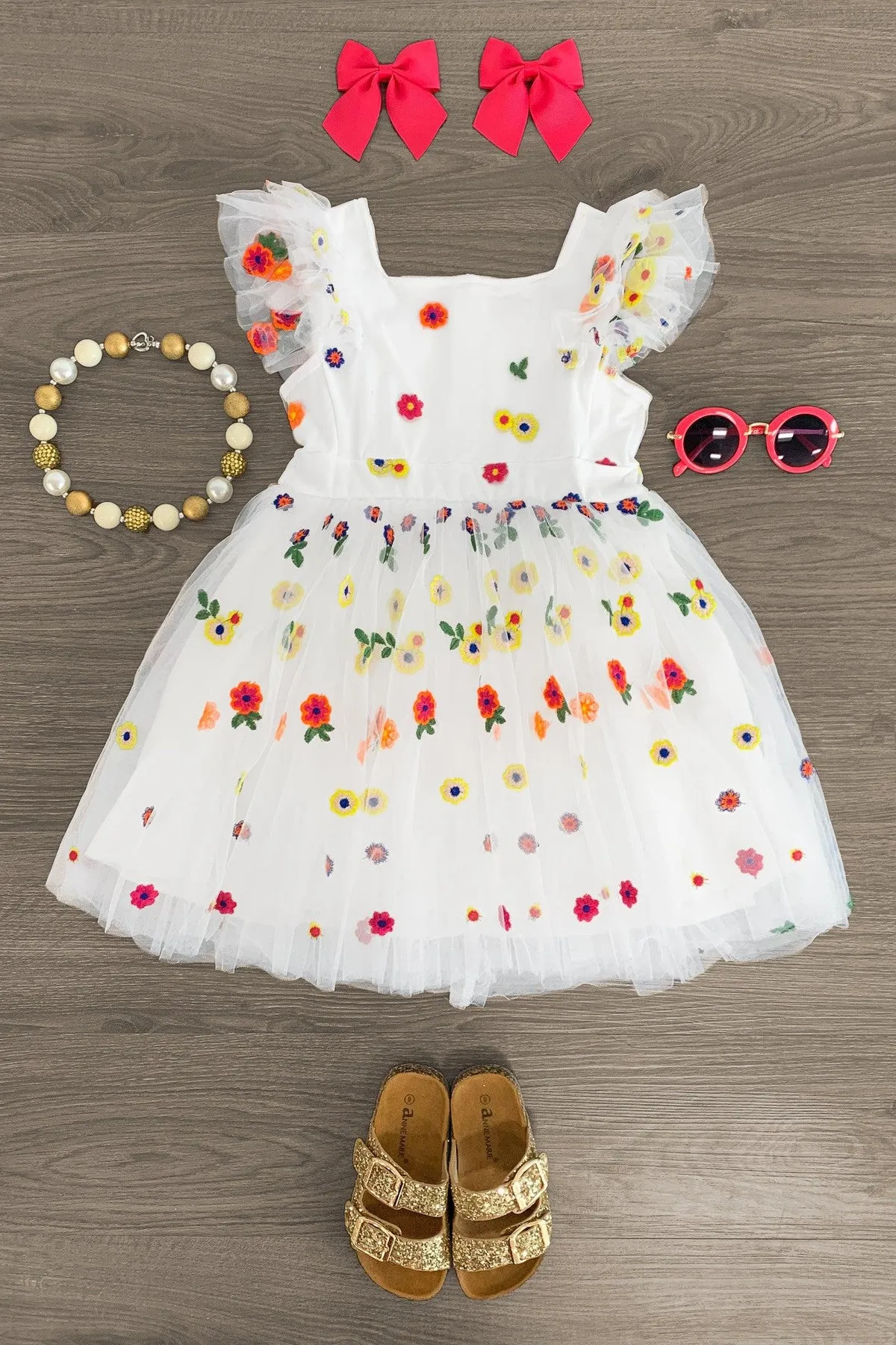 White Embroidered Flower Tulle Dress