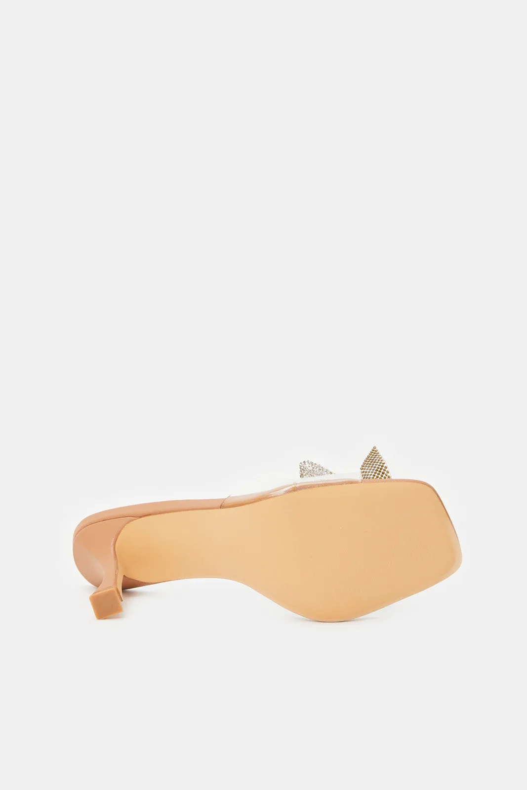 Women Beige Bow Trim Mule