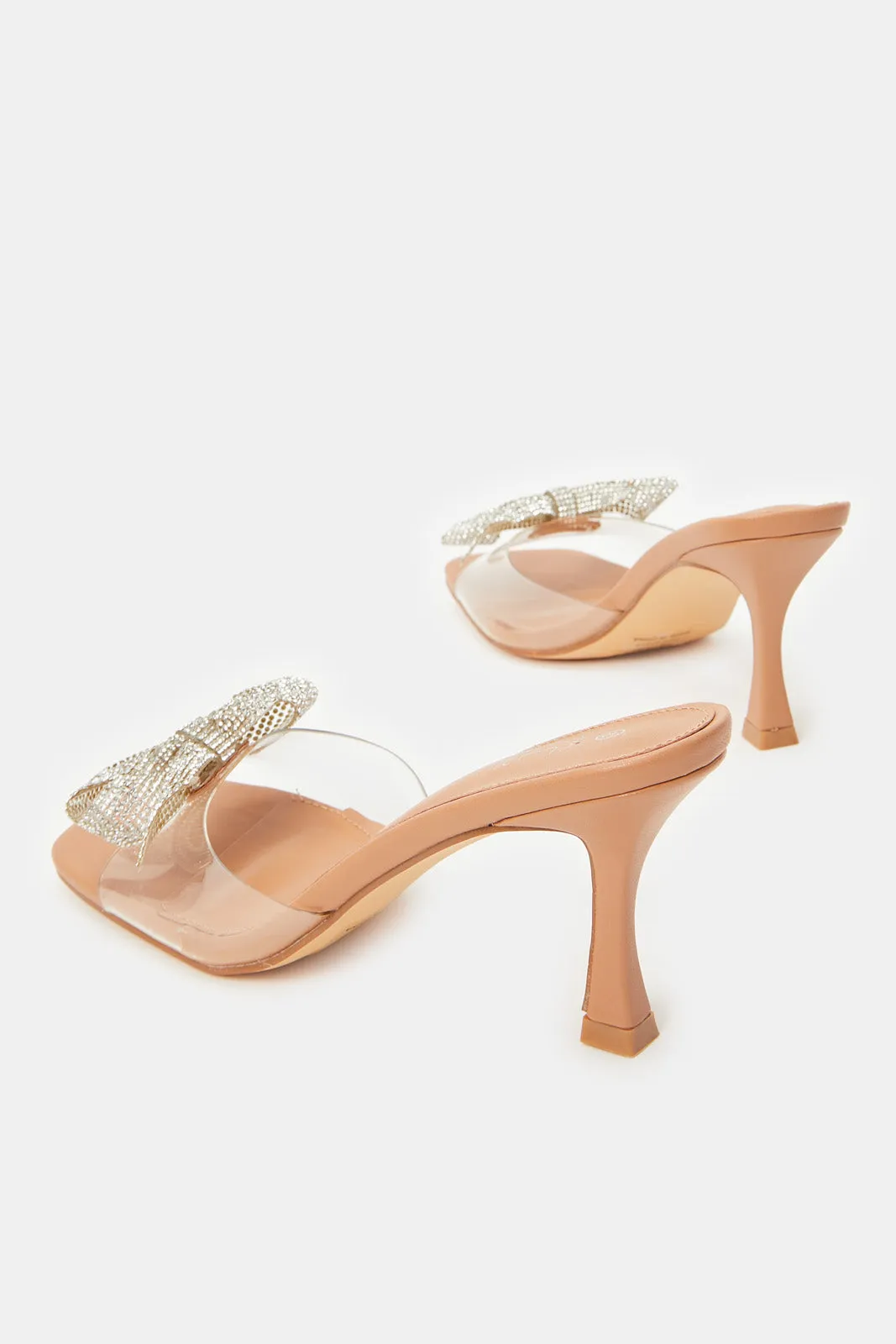 Women Beige Bow Trim Mule