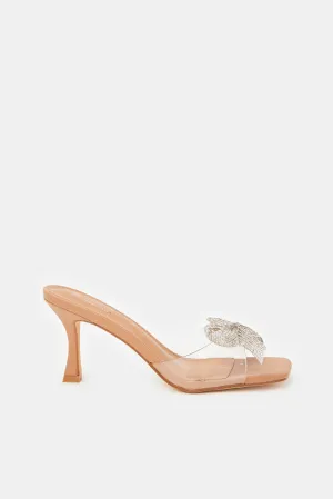 Women Beige Bow Trim Mule