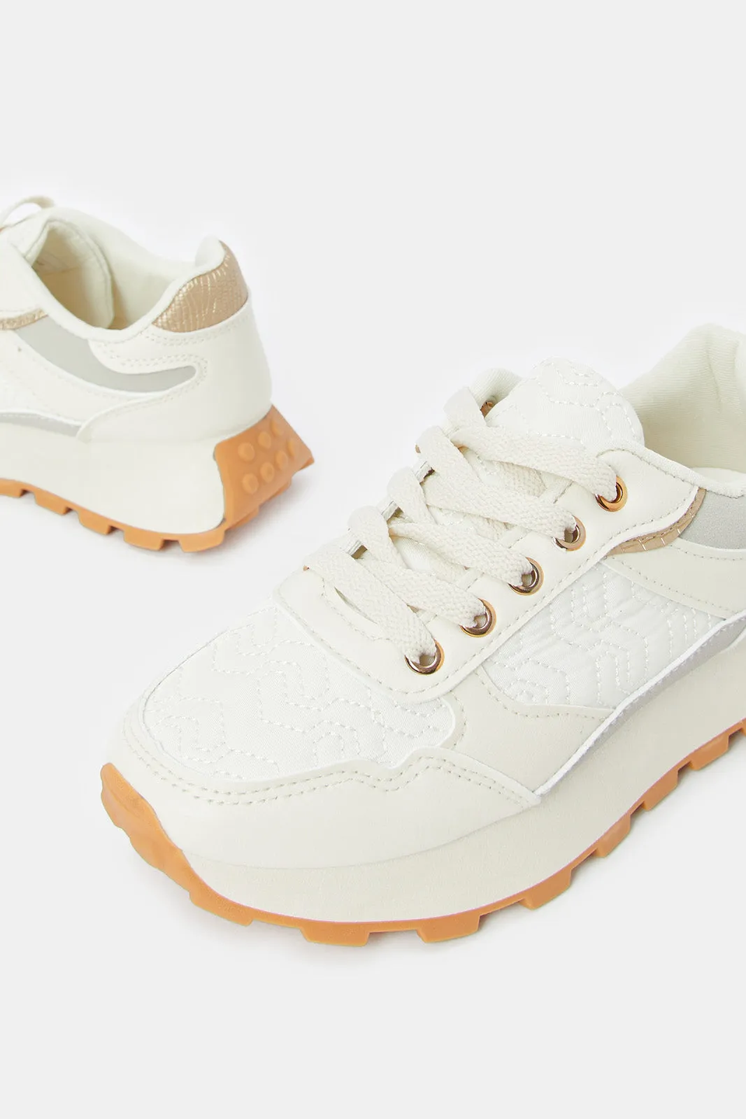 Women Beige Quilt Lace Up Sneaker