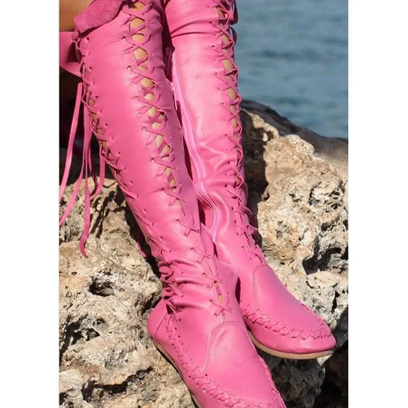 Women flat criss cross lace up zipper over the knee boots