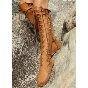 Women flat criss cross lace up zipper over the knee boots