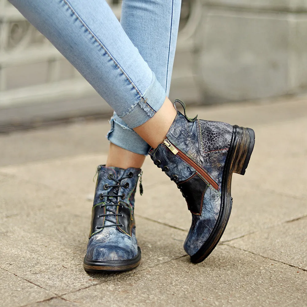 Women flat heel side zipper lace up short motorcycle boots