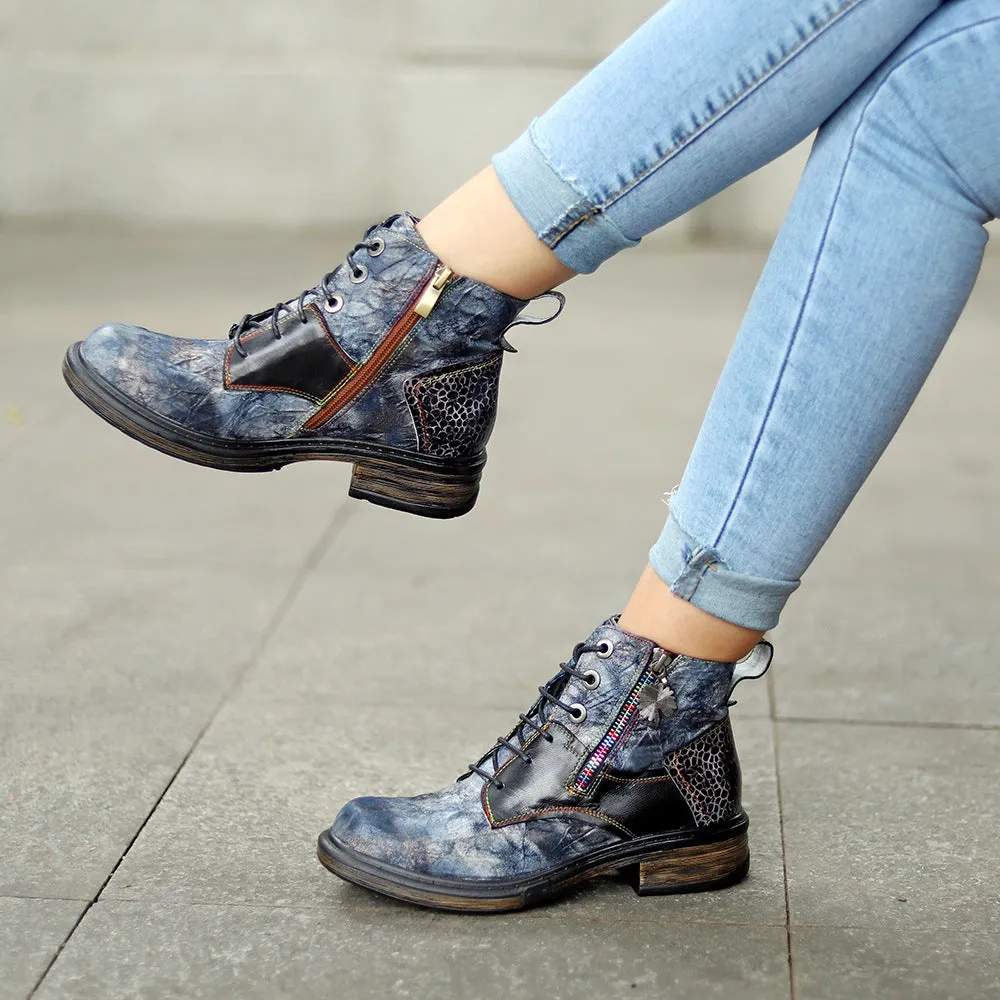 Women flat heel side zipper lace up short motorcycle boots