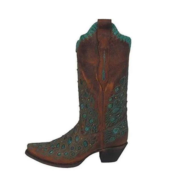 Women's Embroidered and Studded Turquoise Inlay Woven Snip Toe Cowgirl Boots - R1419