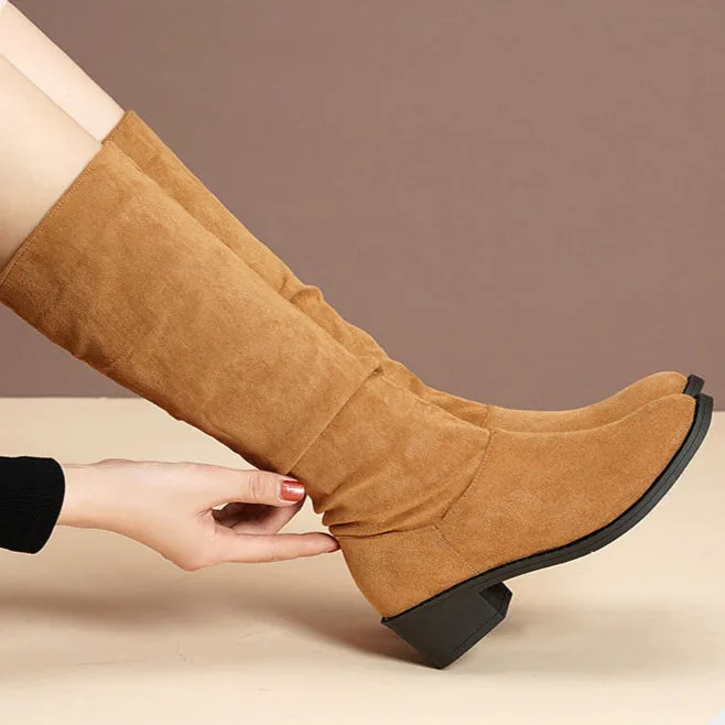 Women's faux suede slouch boots under the knee