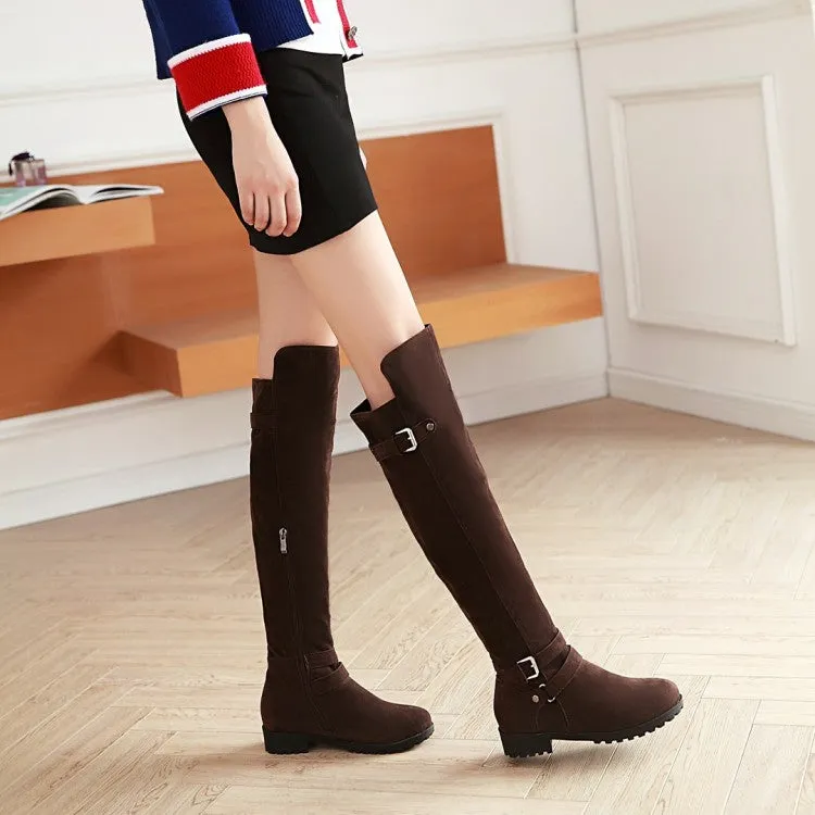 Women's Frosted Belts Buckles Round Toe Side Zippers Knee High Boots