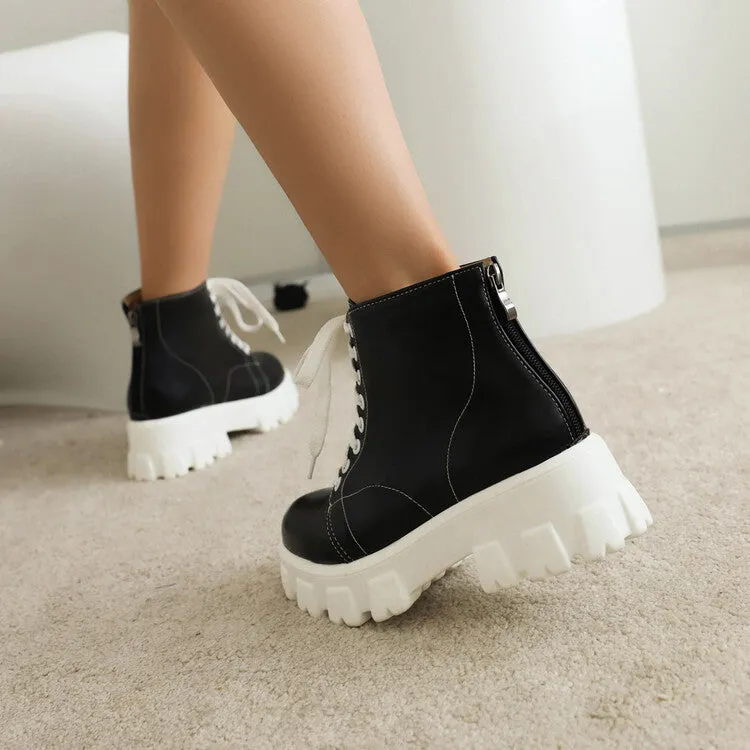 Women's Lace Up Stitch Block Heel Platform Short Boots