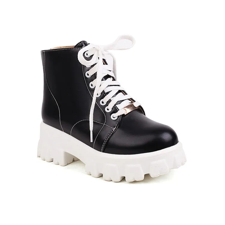 Women's Lace Up Stitch Block Heel Platform Short Boots