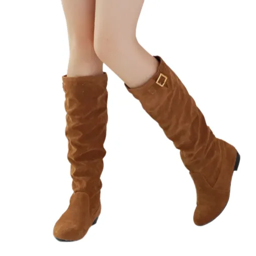 Women's low heels faux suede slouch knee high boots with buckle