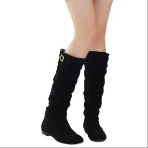 Women's low heels faux suede slouch knee high boots with buckle