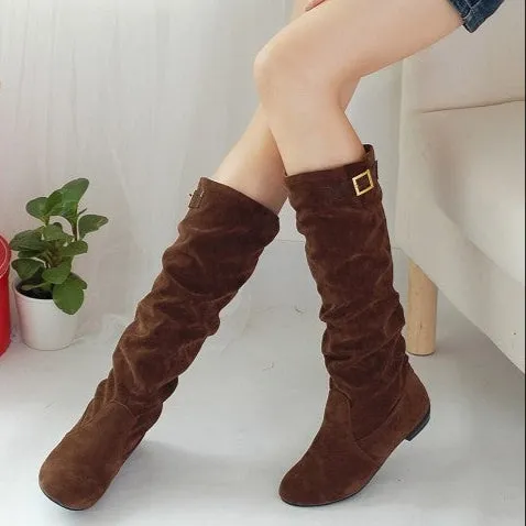 Women's low heels faux suede slouch knee high boots with buckle