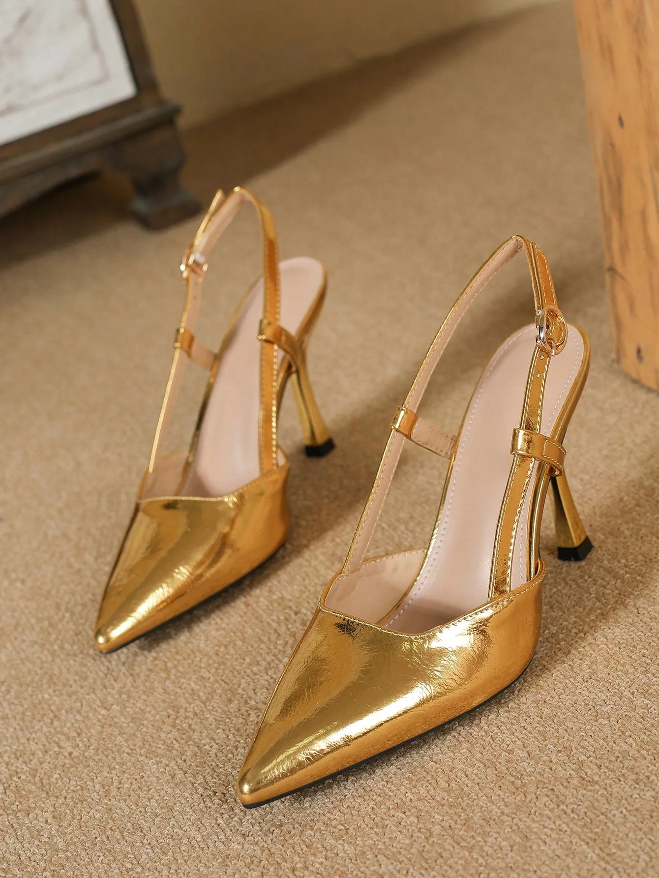 Women's Plus Size Fashion Pointed Toe Stiletto Heels, Single Shoes, Sexy, Casual, Party, Work, Shopping, Hollow, Slingback, Peep Toe, High Heeled Sandals, Spring And Summer, Gold