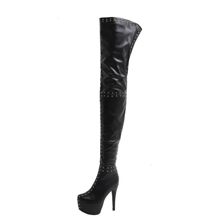 Women's Pu Leather Round Toe Rivets Patchwork Stiletto Heel Platform Over the Knee Boots