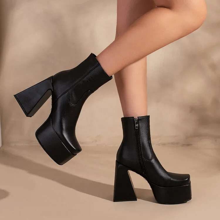 Women's Pu Leather Square Toe Stitching Side Zippers Block Heel Platform Short Boots