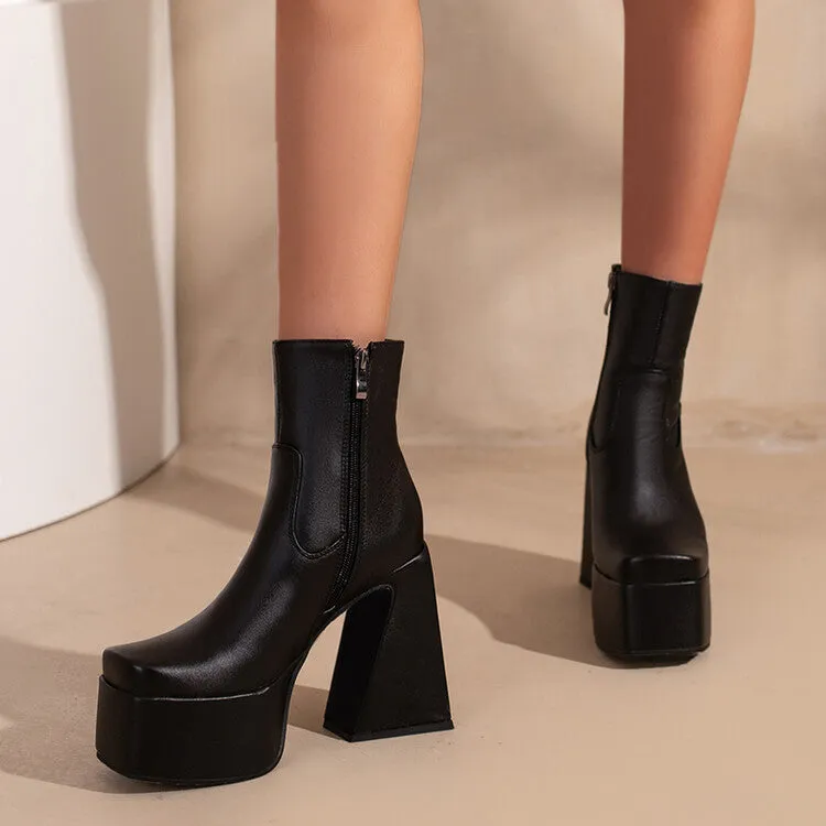 Women's Pu Leather Square Toe Stitching Side Zippers Block Heel Platform Short Boots