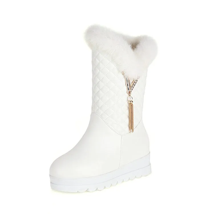 Women's Round Toe Pearls Tassel Furry Side Zippers Platform Wedge Heel Mid-Calf Snow Boots