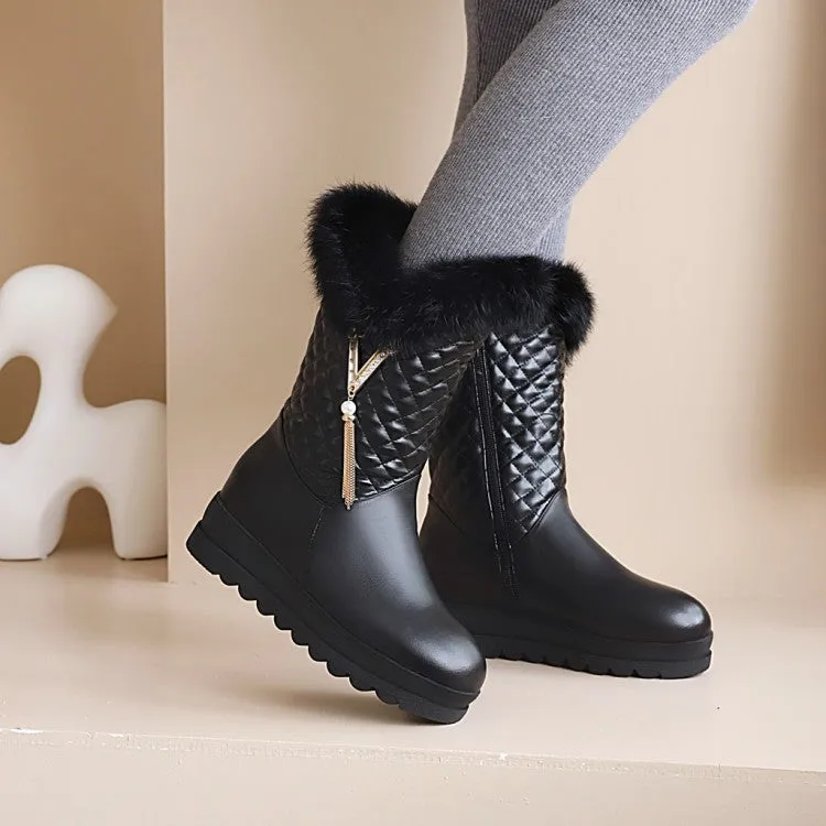 Women's Round Toe Pearls Tassel Furry Side Zippers Platform Wedge Heel Mid-Calf Snow Boots