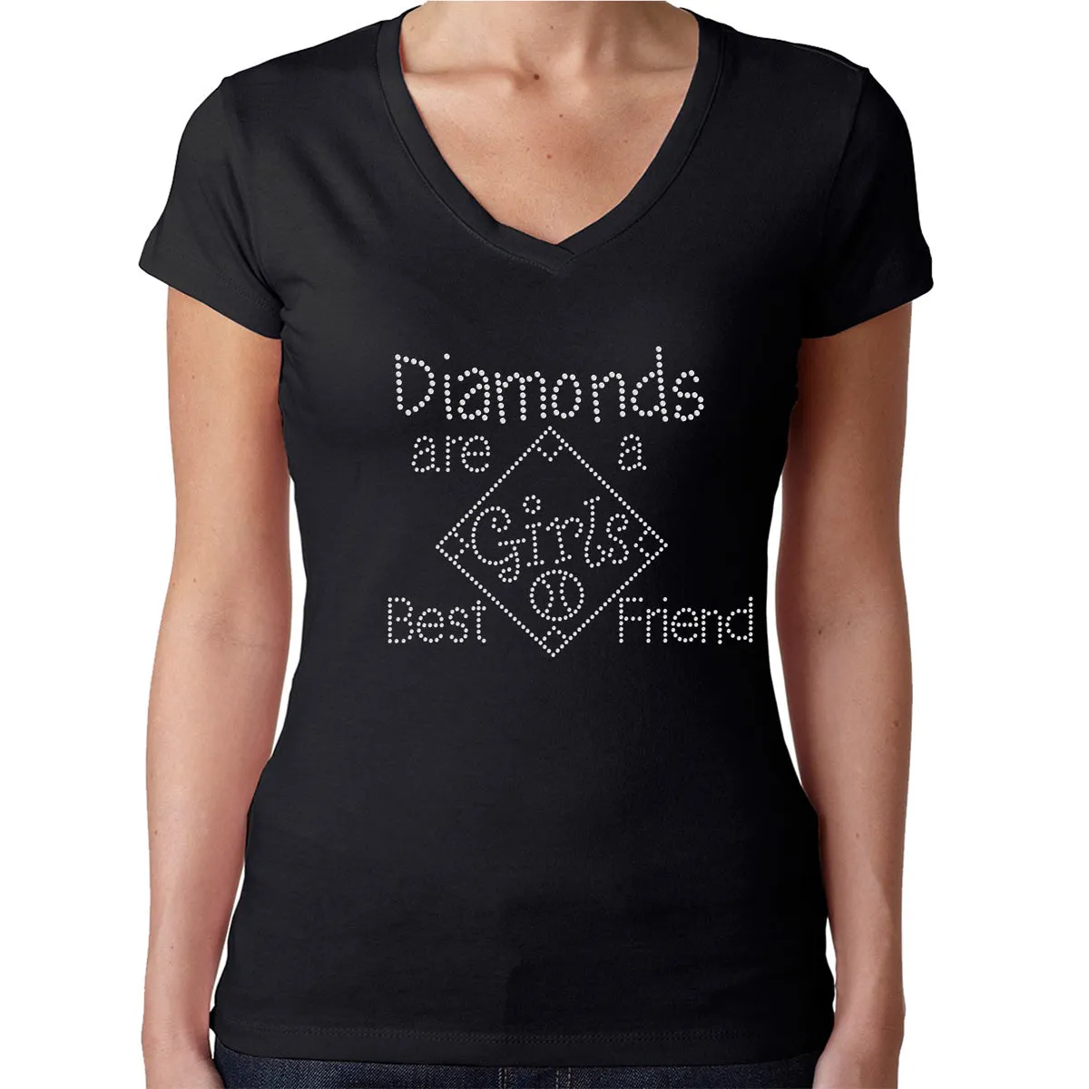 Womens T-Shirt Rhinestone Bling Black Fitted Tee Diamond Baseball Girl Best Friend