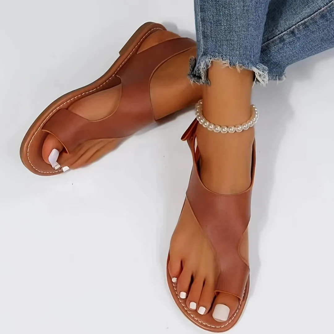 Women's Toe-Loop Flat Casual Faux Leather Solid Color Slides Sandals