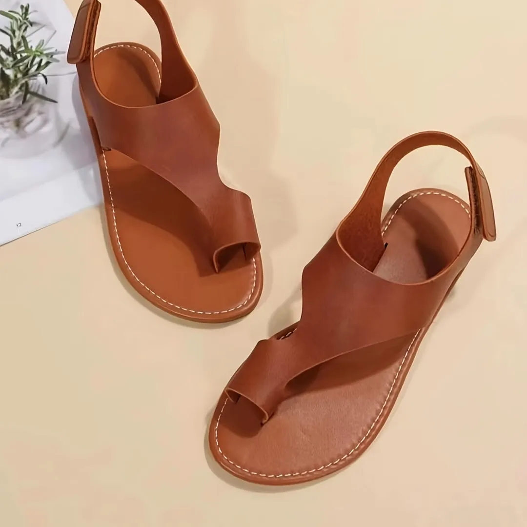 Women's Toe-Loop Flat Casual Faux Leather Solid Color Slides Sandals